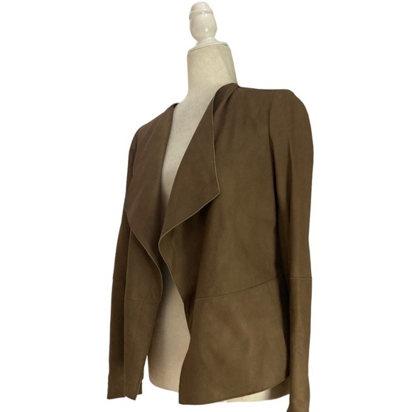 Vince Leather Jacket Draped Collar Open Front in Cocoa Brown - Picture 5 of 11
